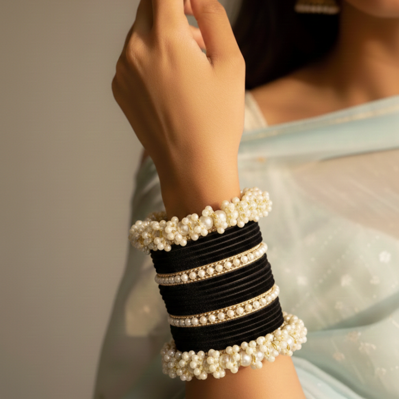 Black Velvet Glass Bangles Set with White Pearl Gajra