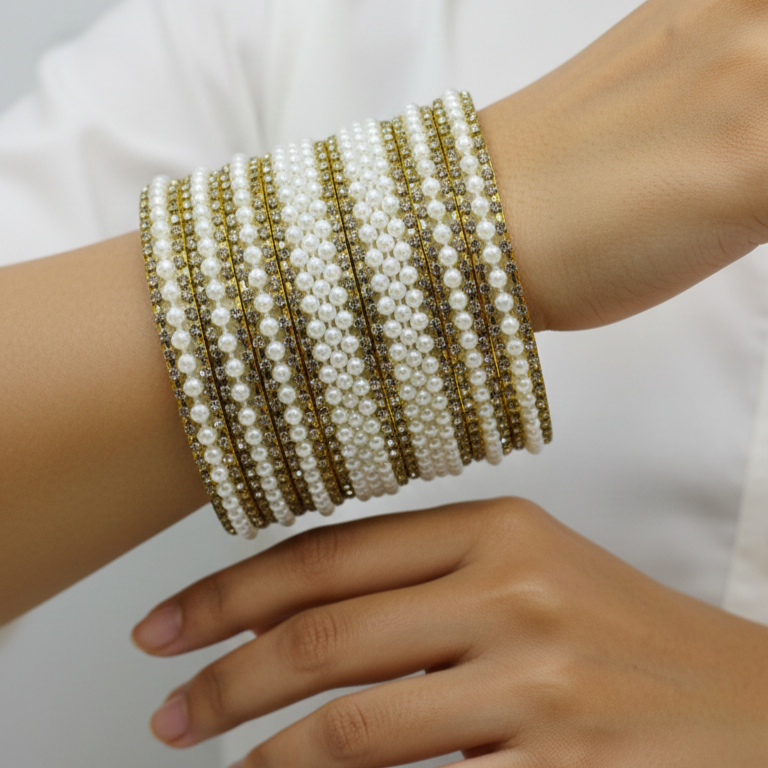 Elegant White Pearl & Gold Bangle Set