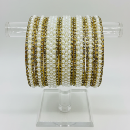 Elegant White Pearl & Gold Bangle Set