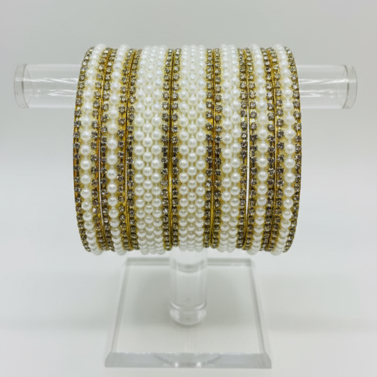 Elegant White Pearl & Gold Bangle Set