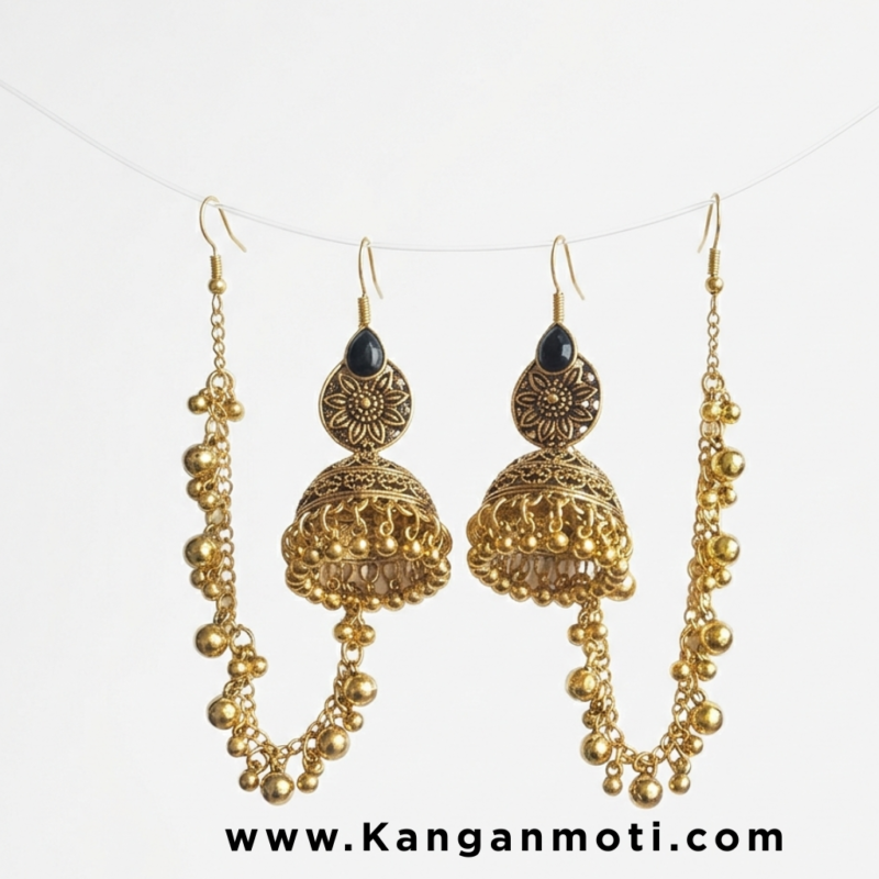 Antique Gold Jhumkas with Beaded Sahara Chains