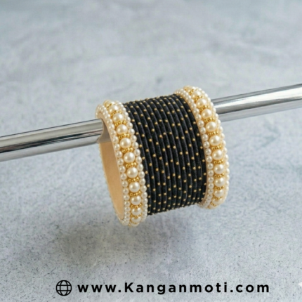 Black Silk Thread Bangle Set with Pearl Border