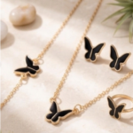 4 Pcs Gold & Black Necklace Earrings Bracelet Ring Set