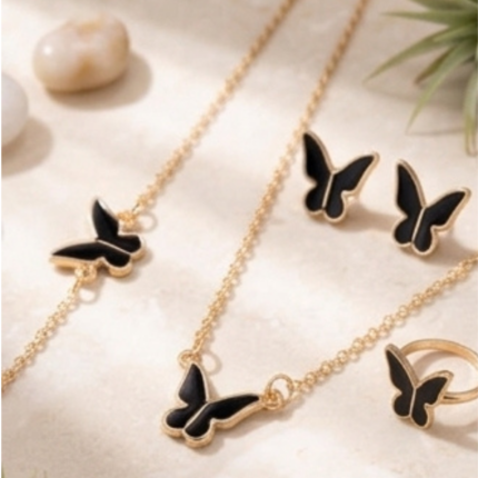 4 Pcs Gold & Black Necklace Earrings Bracelet Ring Set