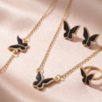 4 Pcs Gold & Black Necklace Earrings Bracelet Ring Set