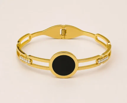 black and gold bangle for women gold plated kara with black centre stone