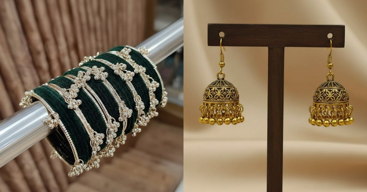Kangan bangles Pakistan buying guide - green Kashmiri bangles and antique golden jhumka