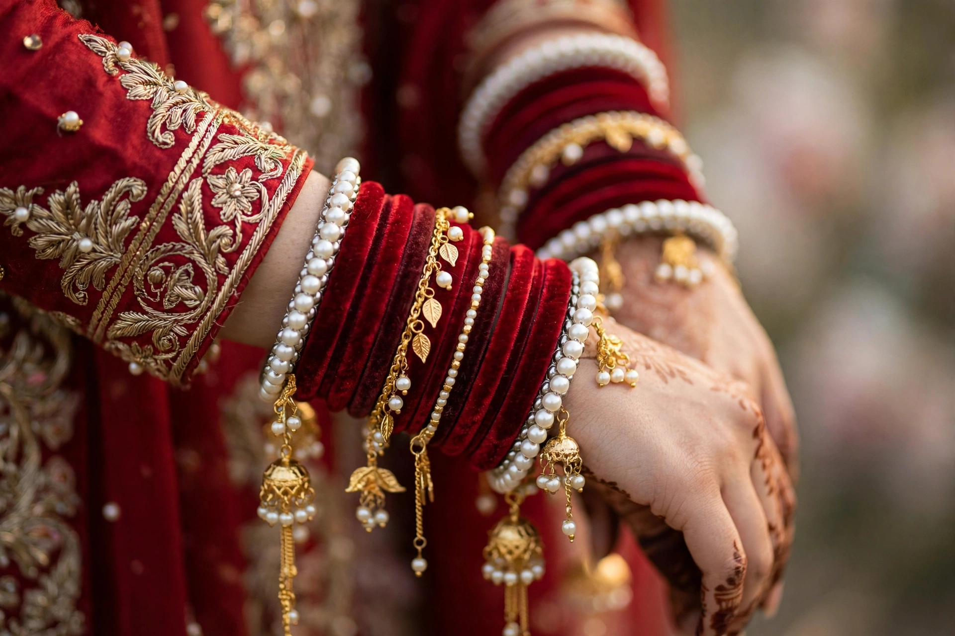 Pakistani bridal bangles — red velvet chooriyan with white pearl karas and kaleere on a bride's wrist