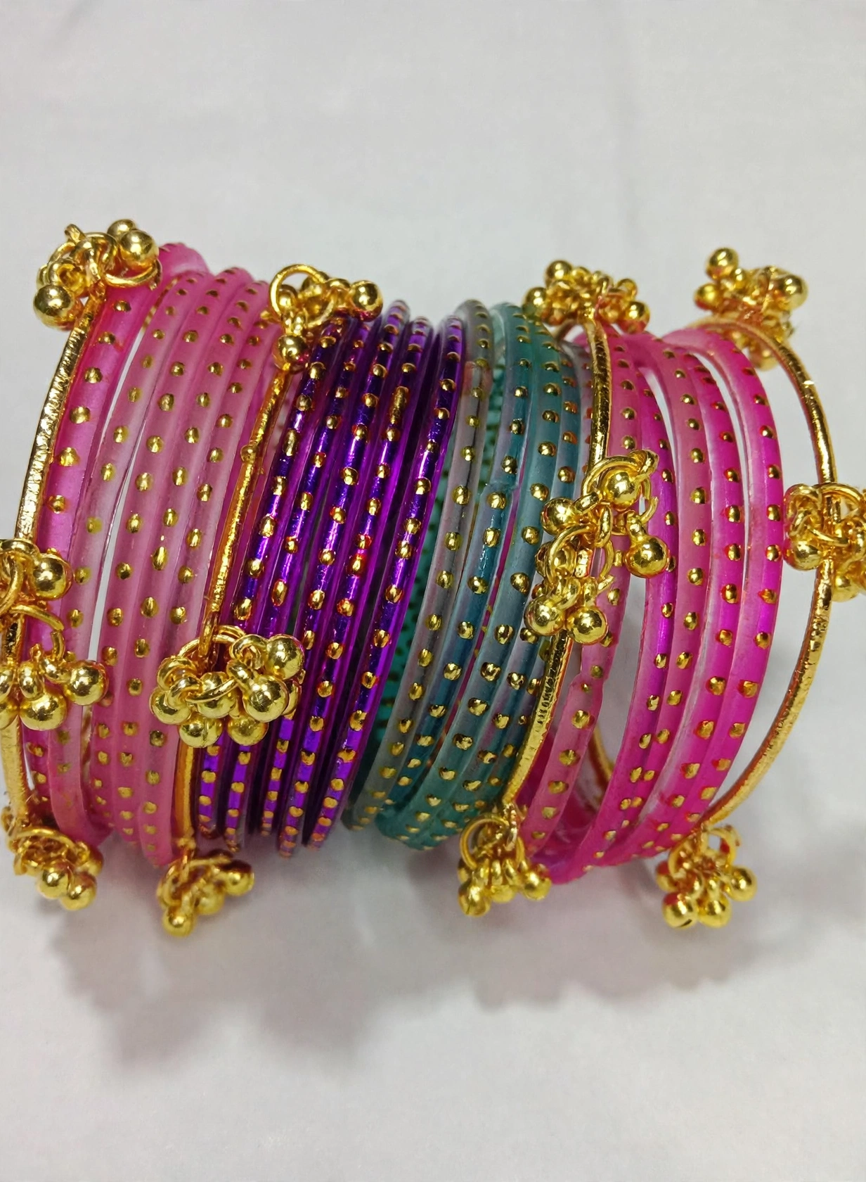 media-generation-kb1-offwhite-0-5b5b3a7f-7a91-40e3-8e12-ac8ef0efd89a Kashmiri Rainbow Raindrop Bangles Set with Ghungroo