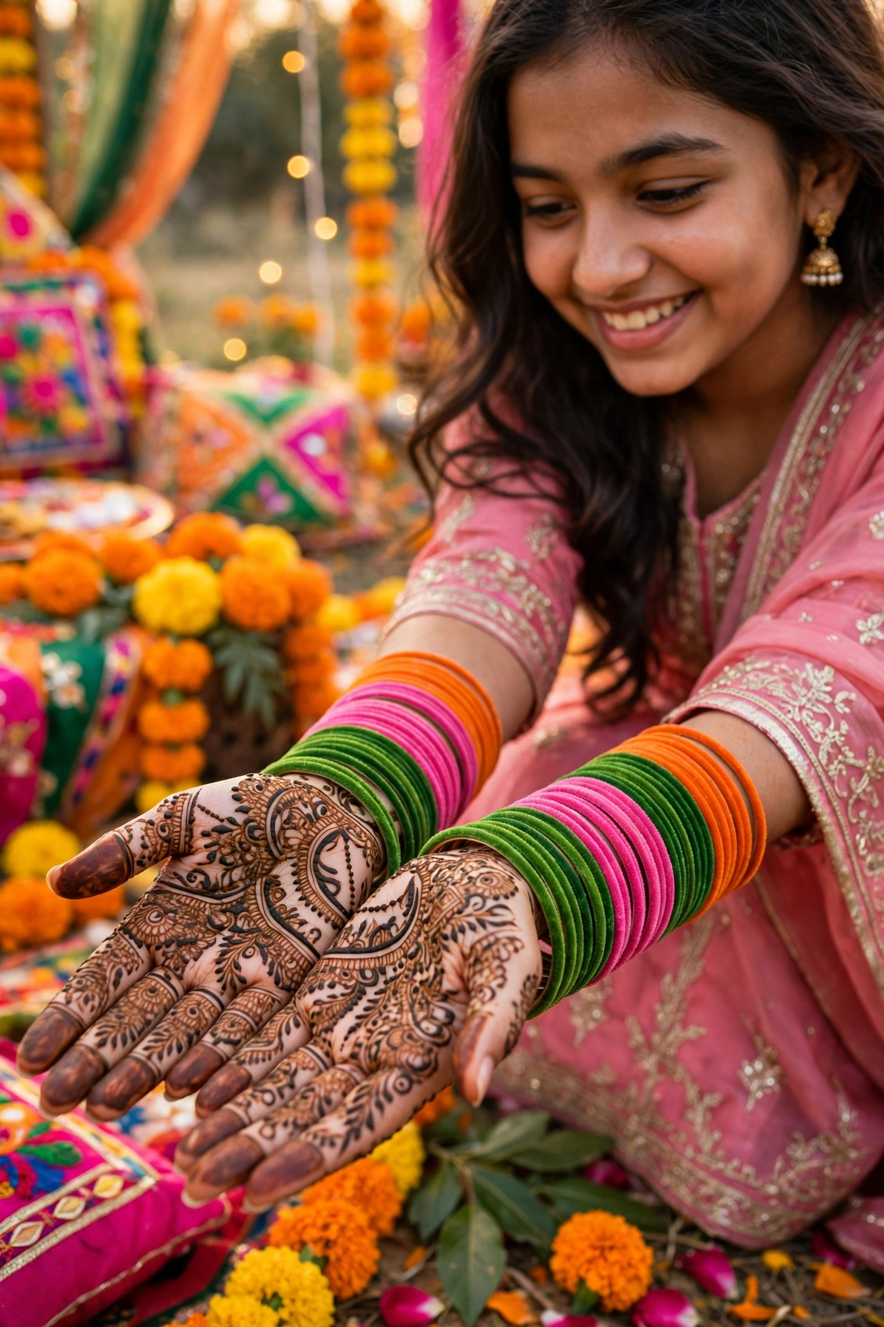 Bright velvet glass bangles in green and pink worn by a bride for mehndi