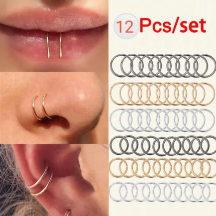 12 Pcs Tiny Hoop & Septum Nose Rings Set for Women & Girls