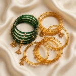 Premium Kashmiri Glass Bangle Set with Golden Bead Charms