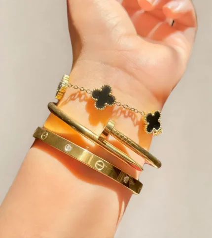 3 Pc Stainless Steel Bangle Set – Gold-Tone Stackable Bracelets for Women
