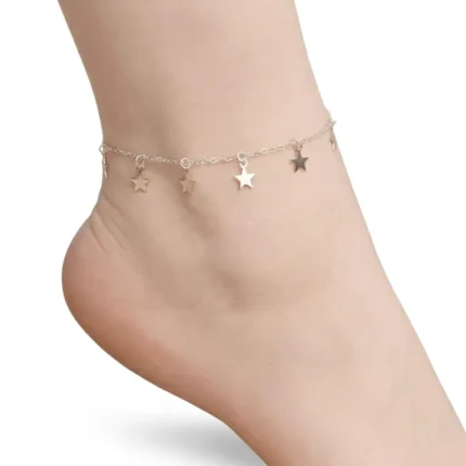 Silver star payal for girls worn on ankle showing the star charms design
